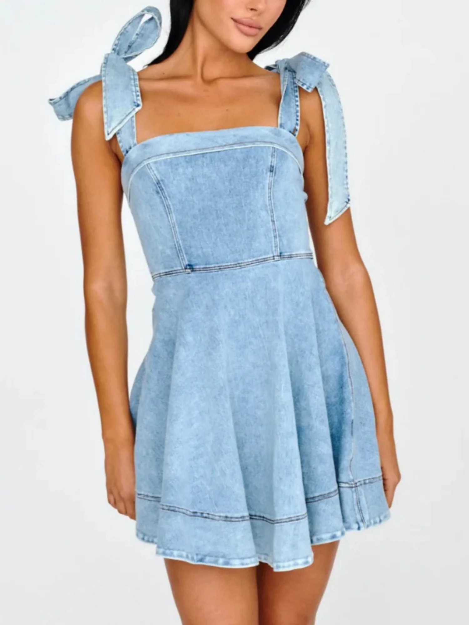Denim Bow Tie Mini&Short Dresses - Image 4