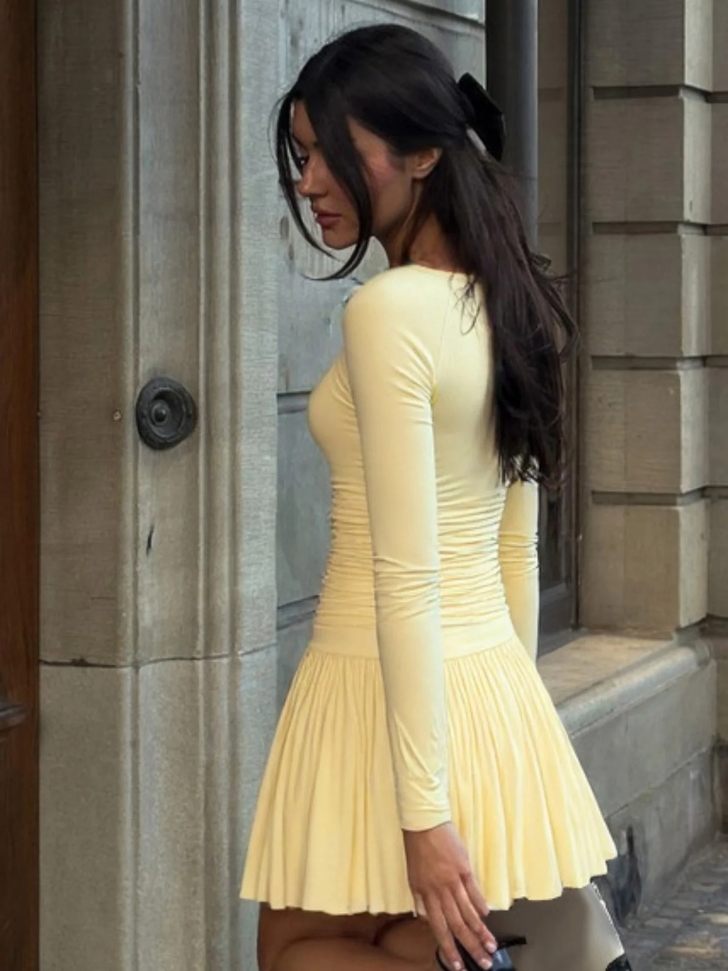 Pleated V-neck Long Sleeve Mini&Short Dresses - Image 2