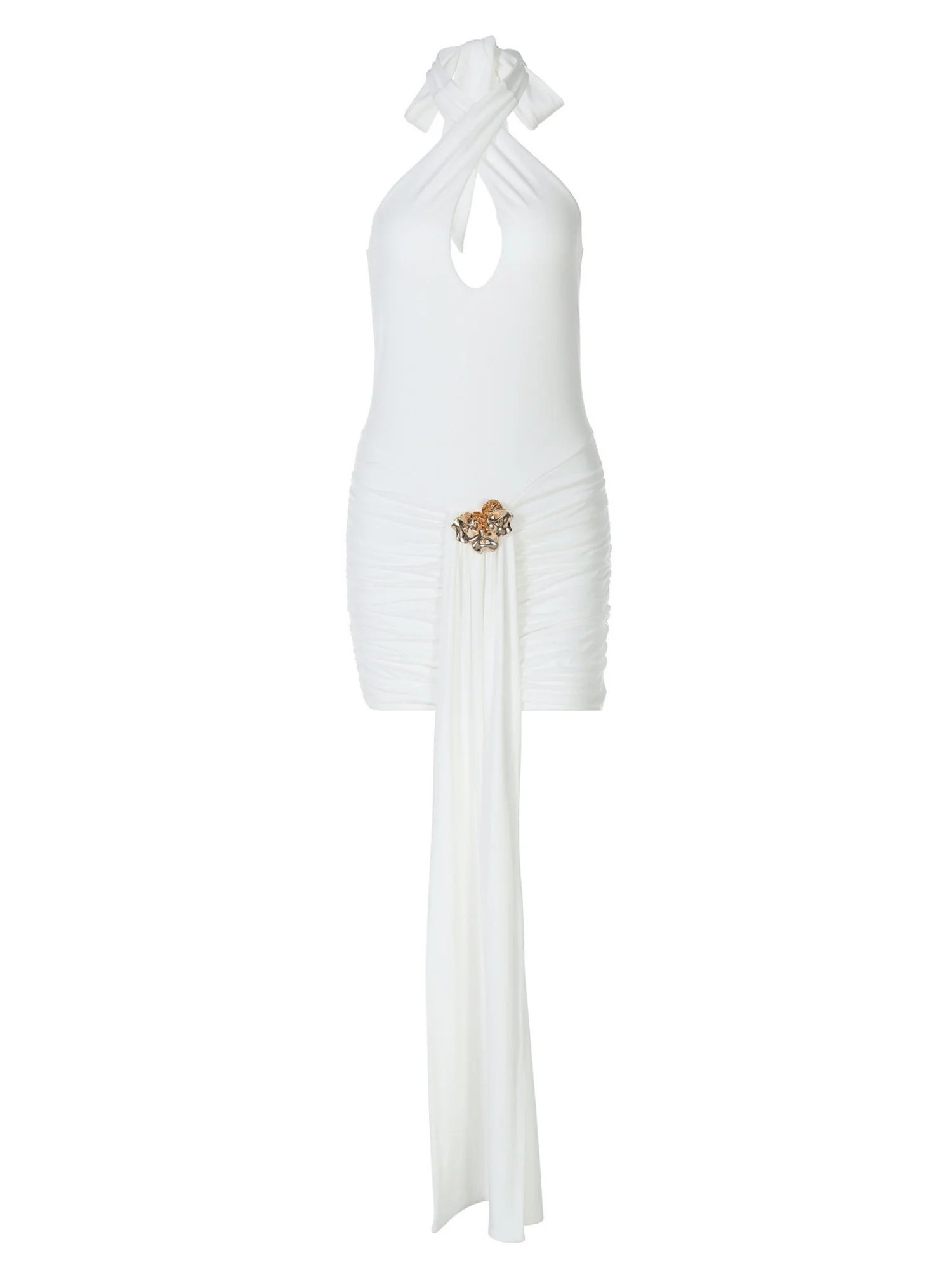 Metal Decoration Halter Neck Deep V Cross Straps Exposed Backpack Buttocks Pleated Mini&Short Dresses - Image 5