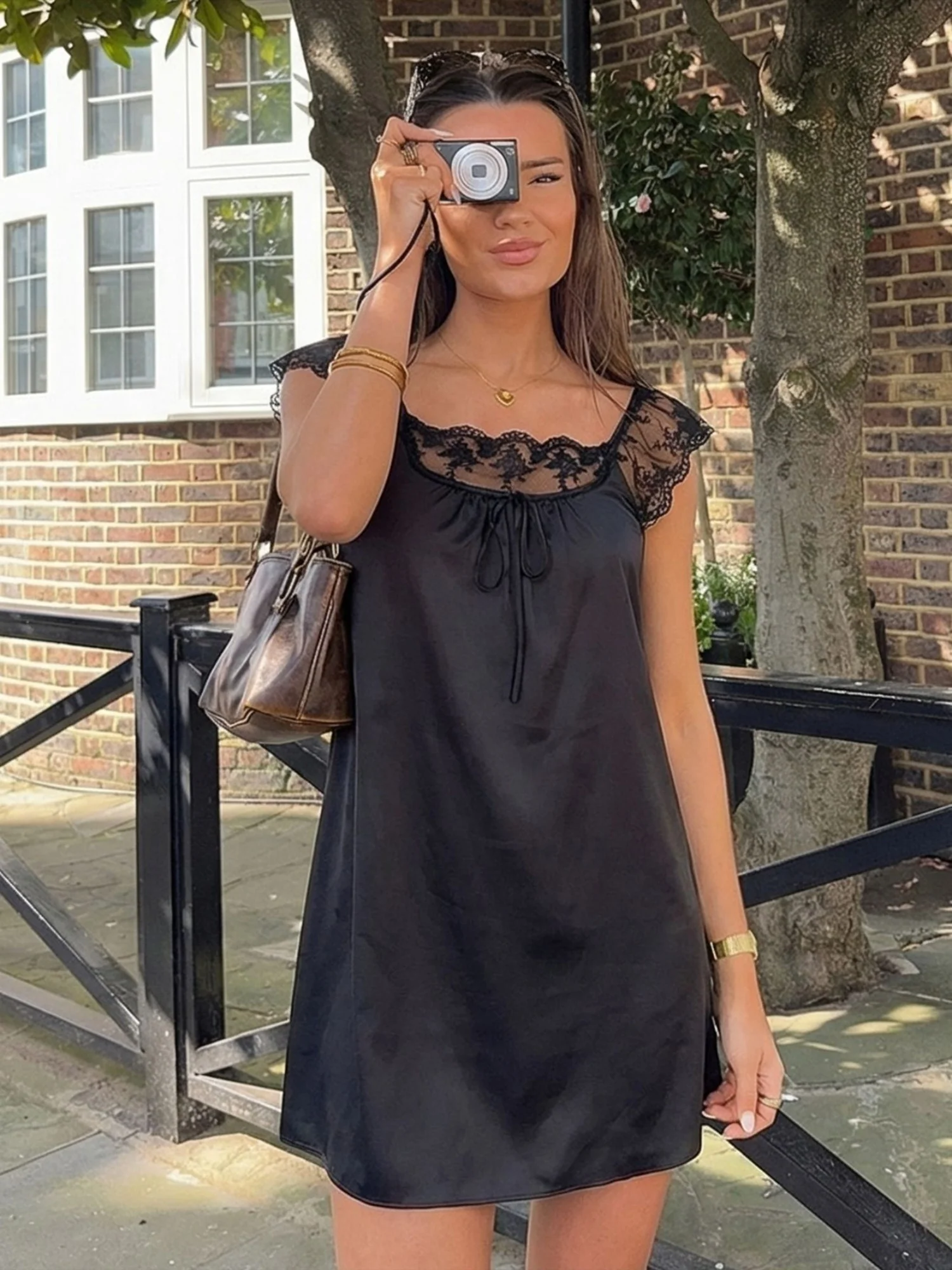 Lace Trim Square Neck Tie Satin Mini&Short Dresses - Image 2