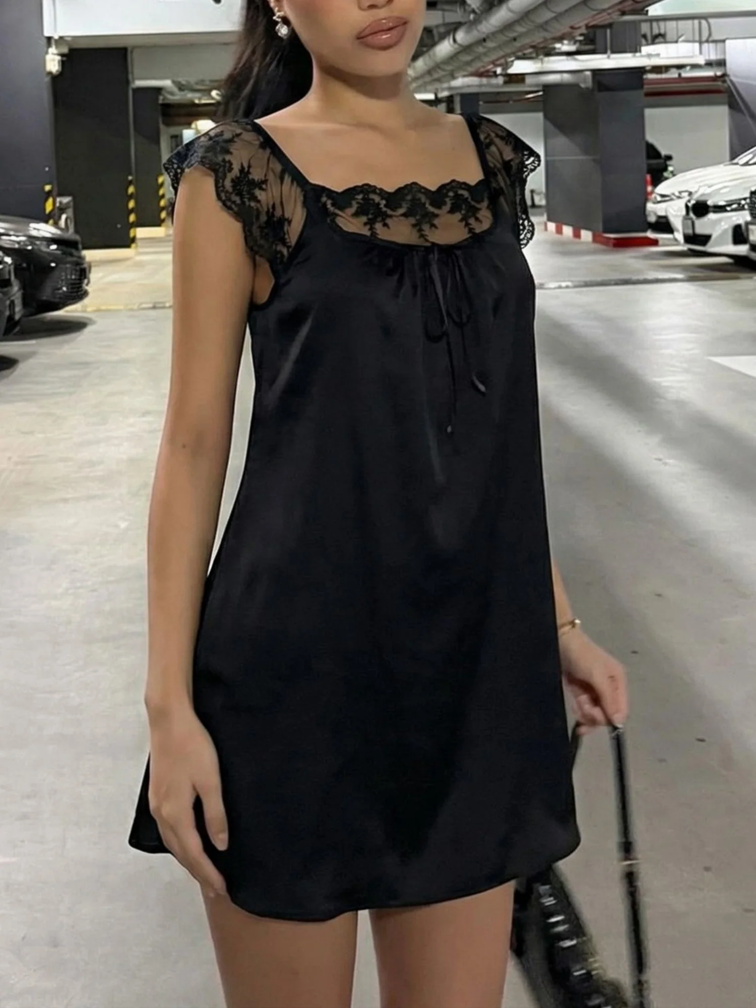 Lace Trim Square Neck Tie Satin Mini&Short Dresses - Image 3