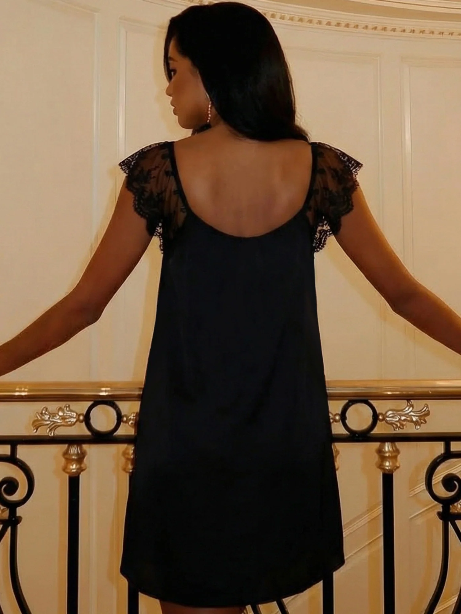 Lace Trim Square Neck Tie Satin Mini&Short Dresses - Image 4