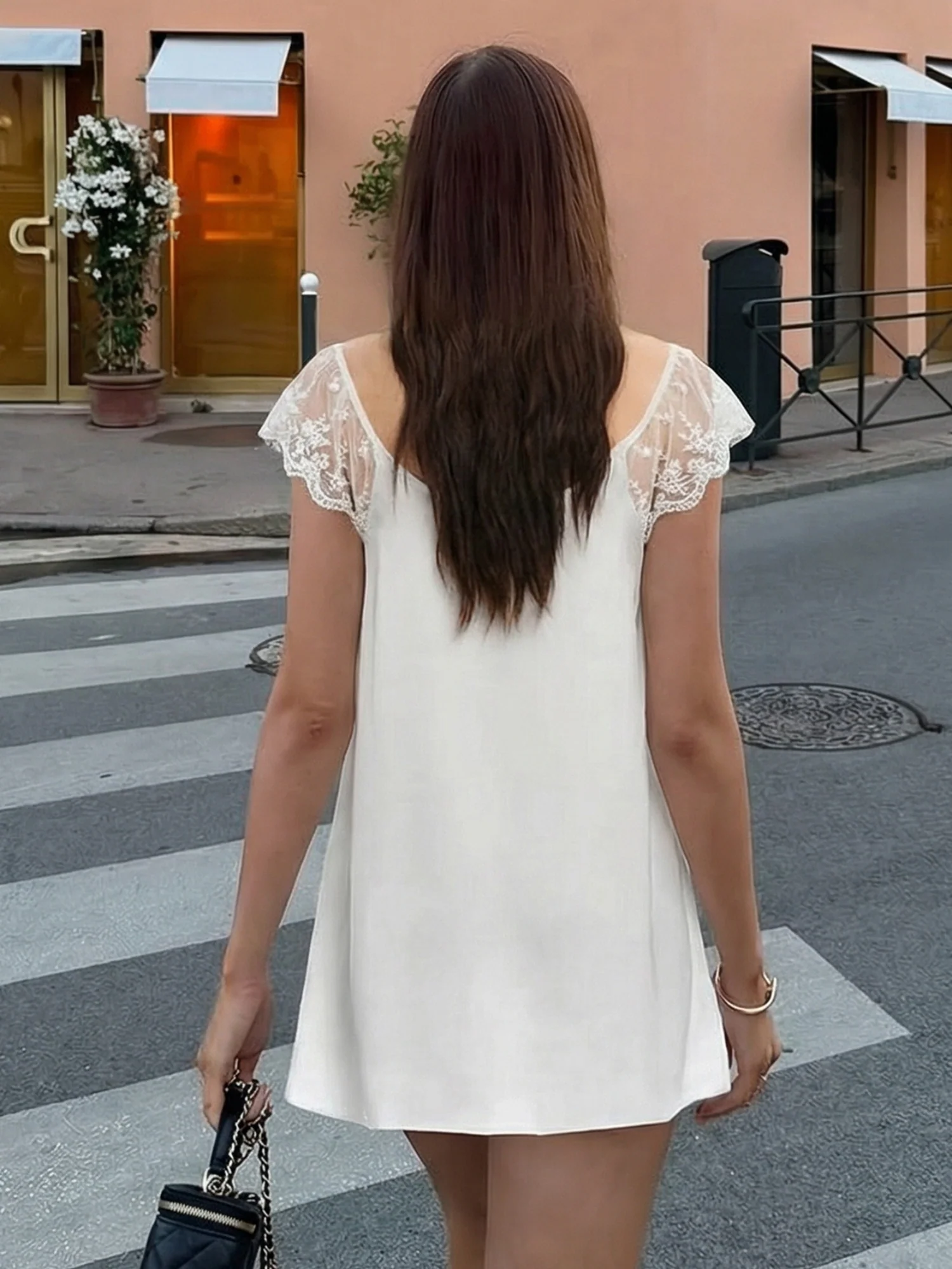 Lace Trim Square Neck Tie Satin Mini&Short Dresses - Image 6