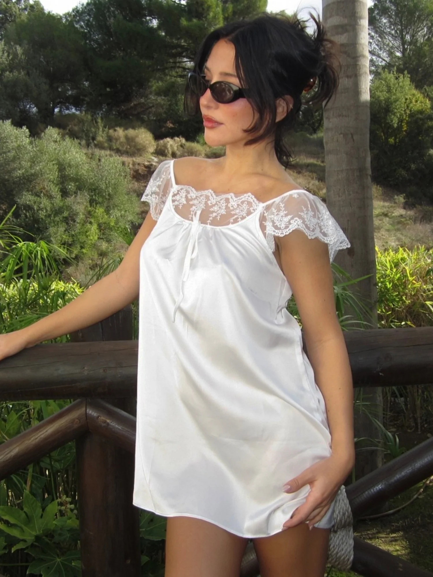 Lace Trim Square Neck Tie Satin Mini&Short Dresses - Image 7