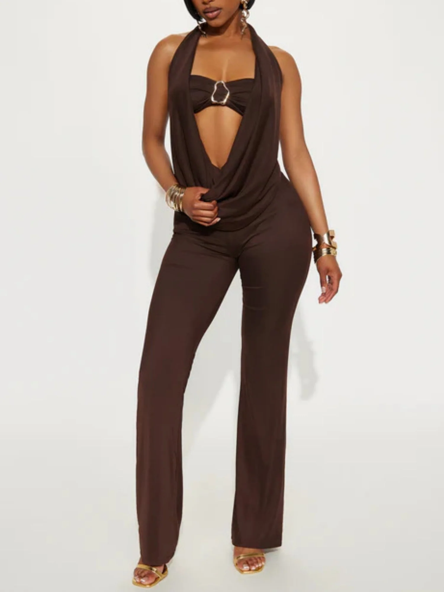 Metal Decoration Strapless Halter Top Slim-fit Trousers 2-piece Sets