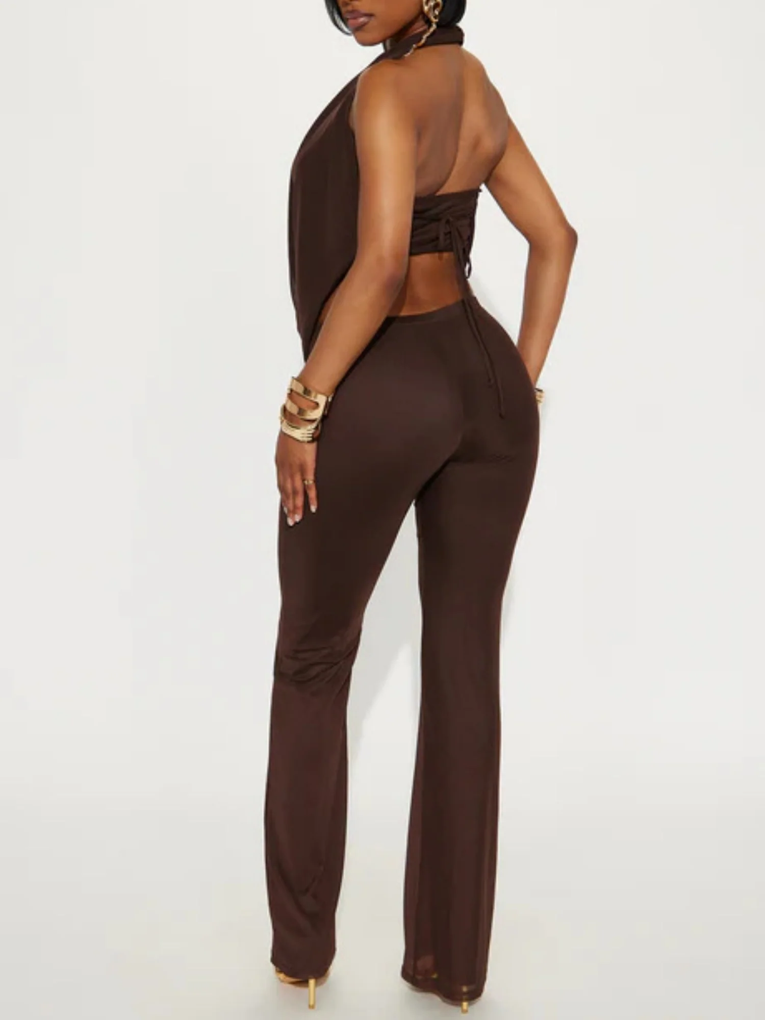 Metal Decoration Strapless Halter Top Slim-fit Trousers 2-piece Sets - Image 2
