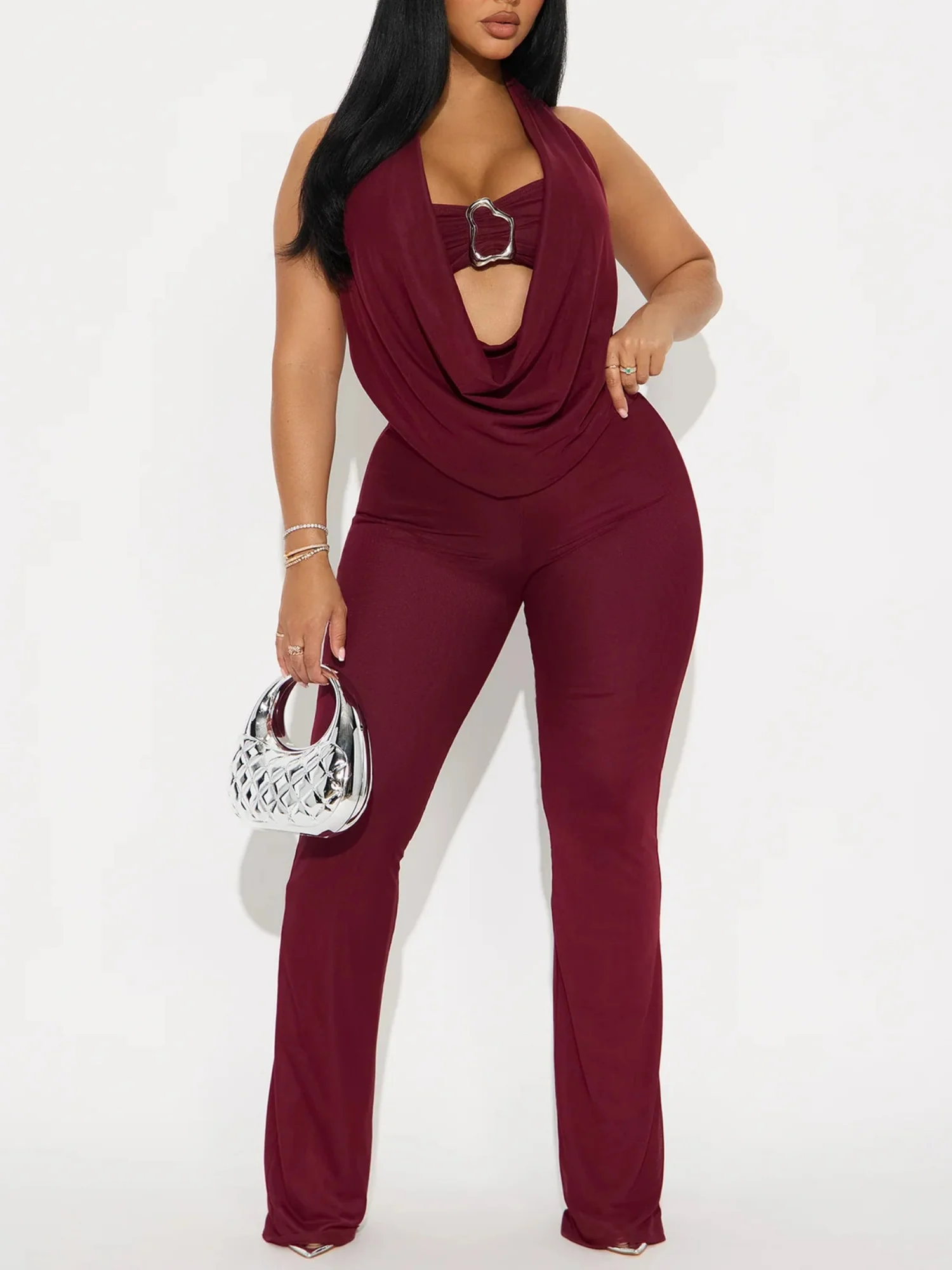 Metal Decoration Strapless Halter Top Slim-fit Trousers 2-piece Sets - Image 4