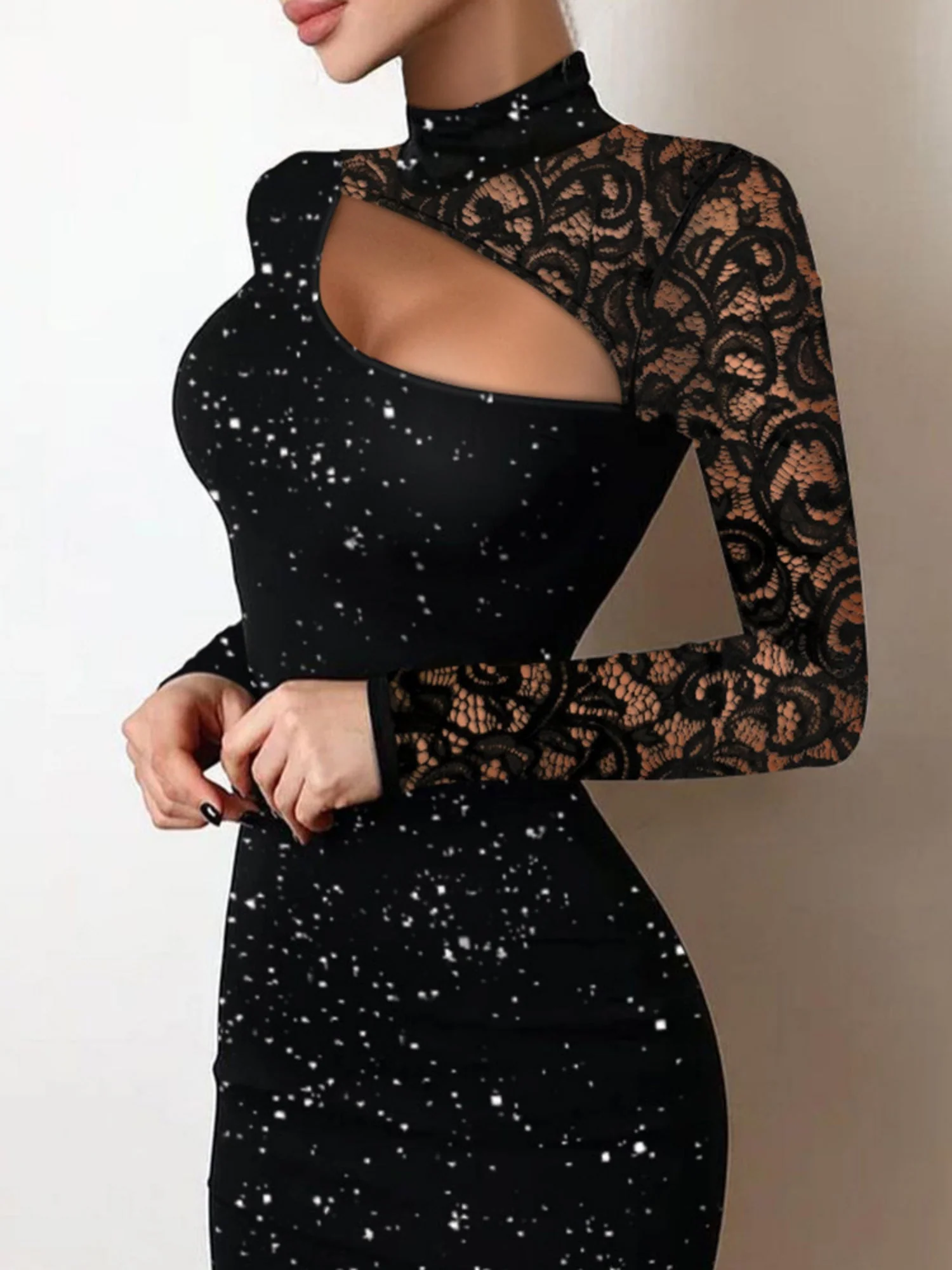 Lace Hollow Out Sequins Solid Color Mini&Short Dresses