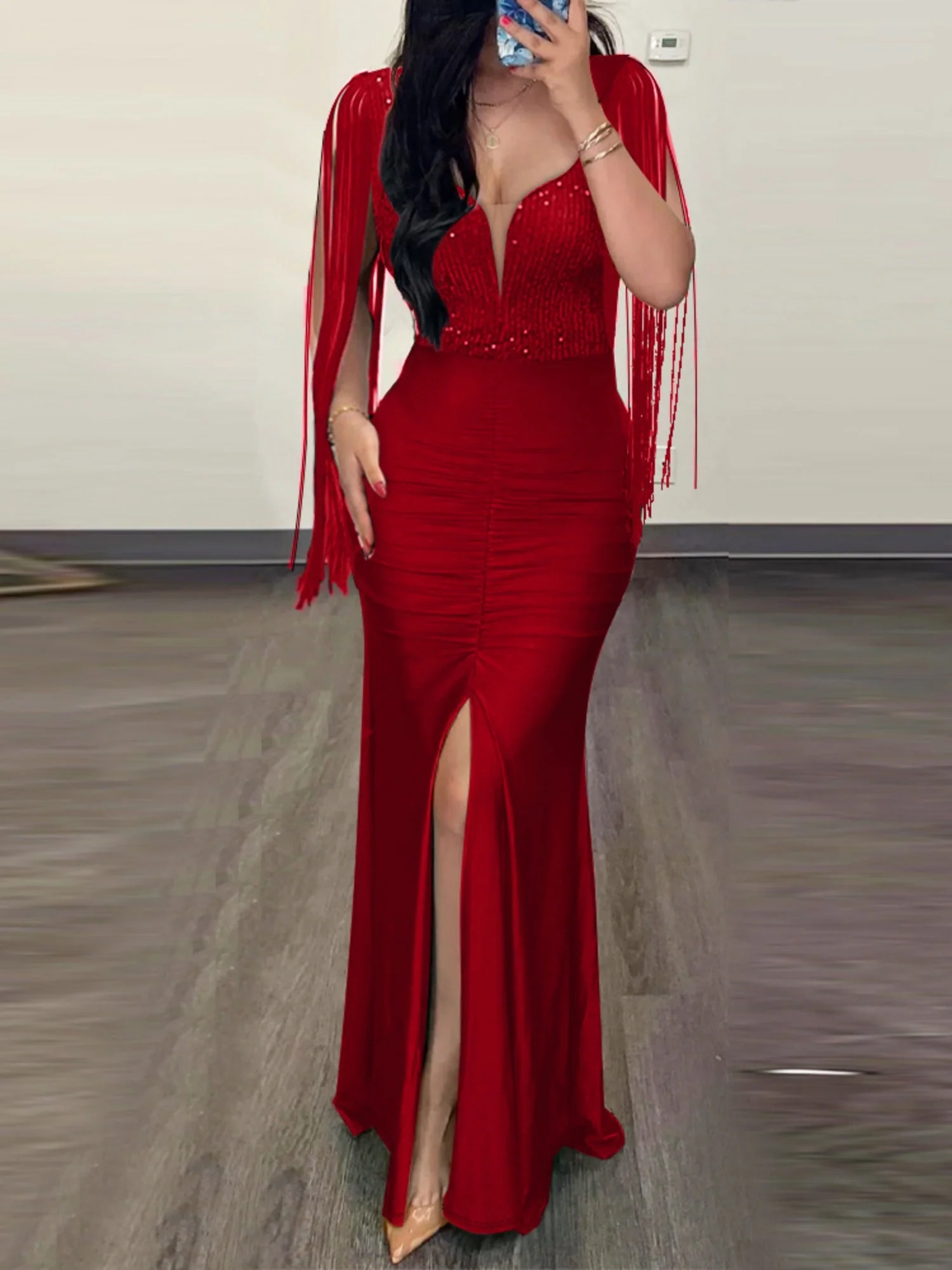 Sequins Bodycon Round Neck Slit Evening Dress Tassel Sleeves Pleated Maxi Dresses