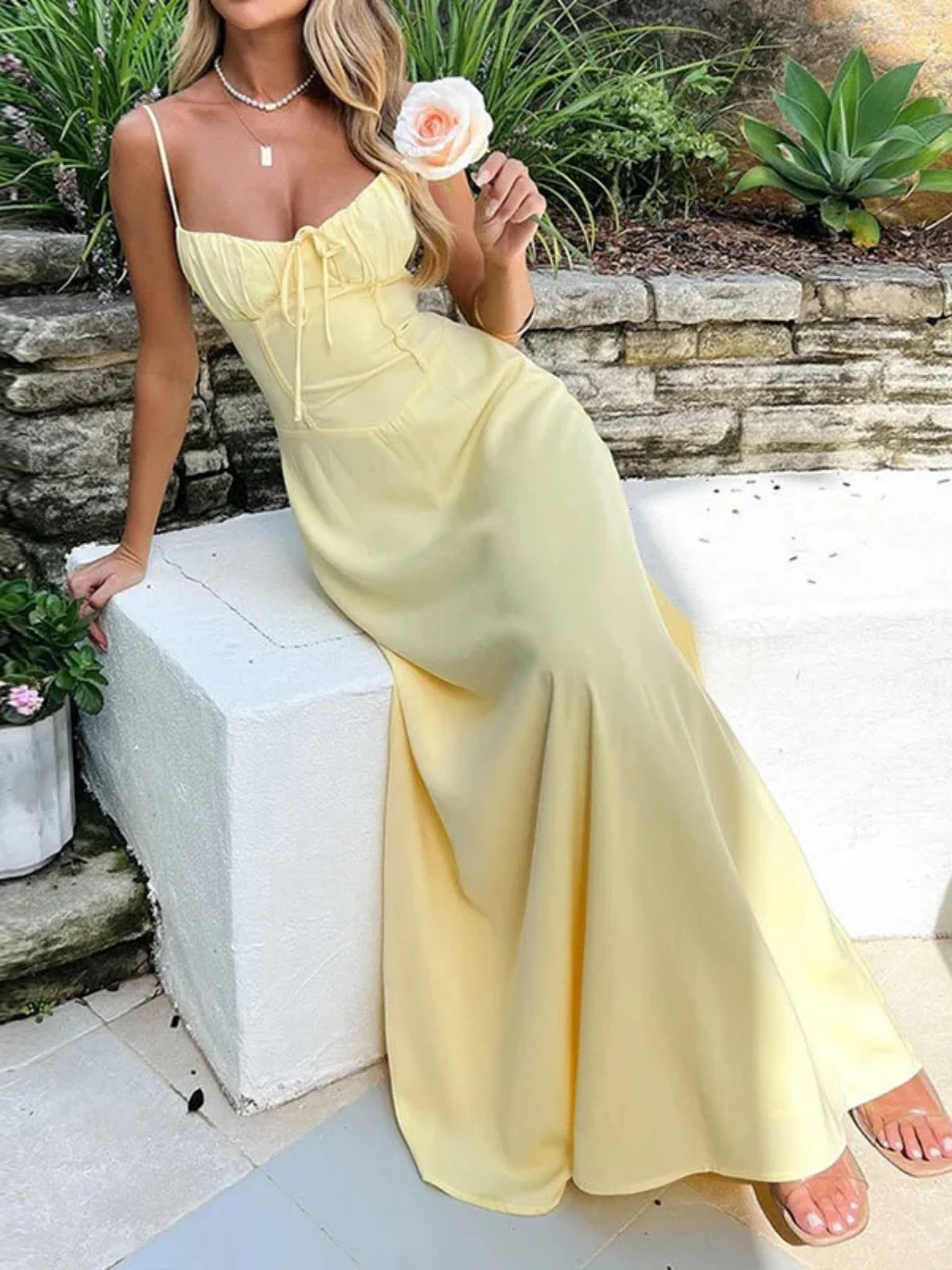 Solid Color Lace Up Waist Temperament Maxi Dresses - Image 2