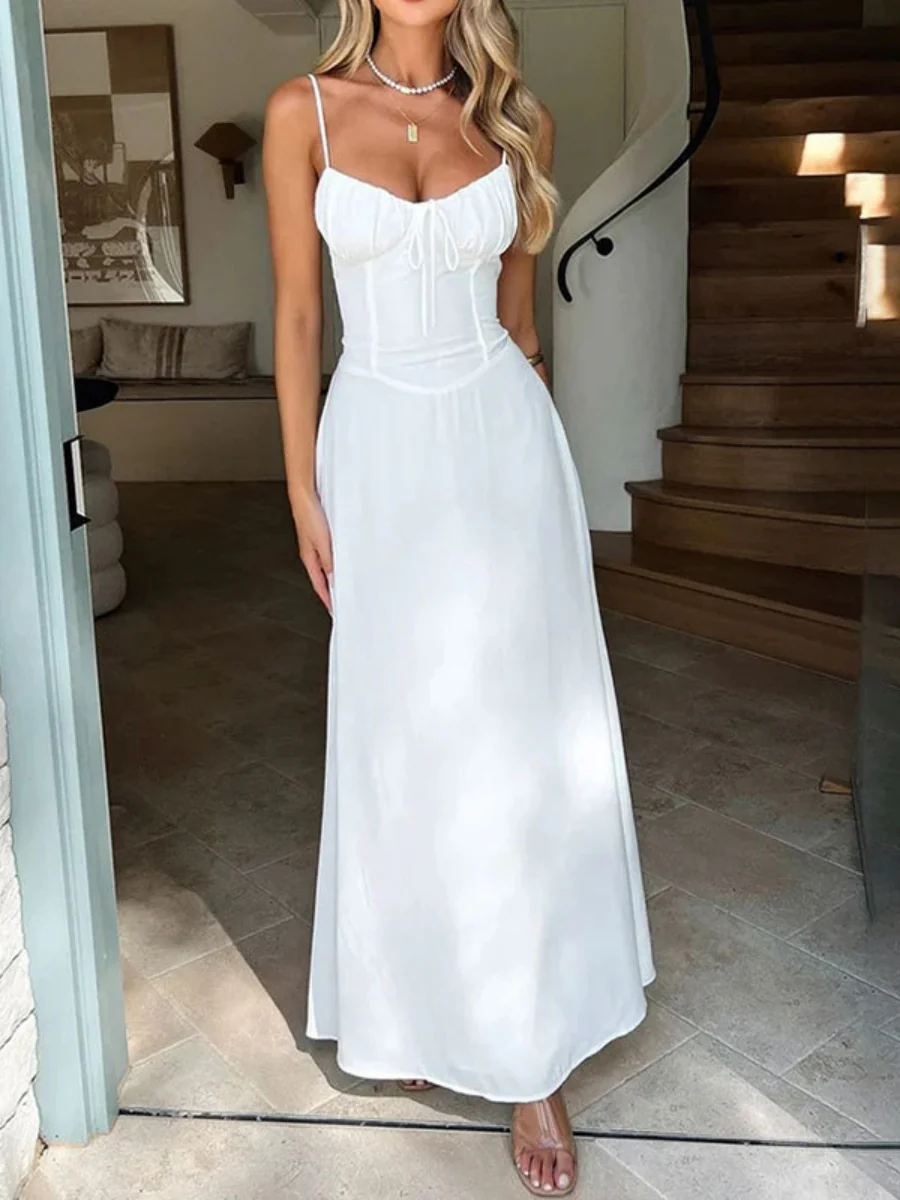 Solid Color Lace Up Waist Temperament Maxi Dresses - Image 3