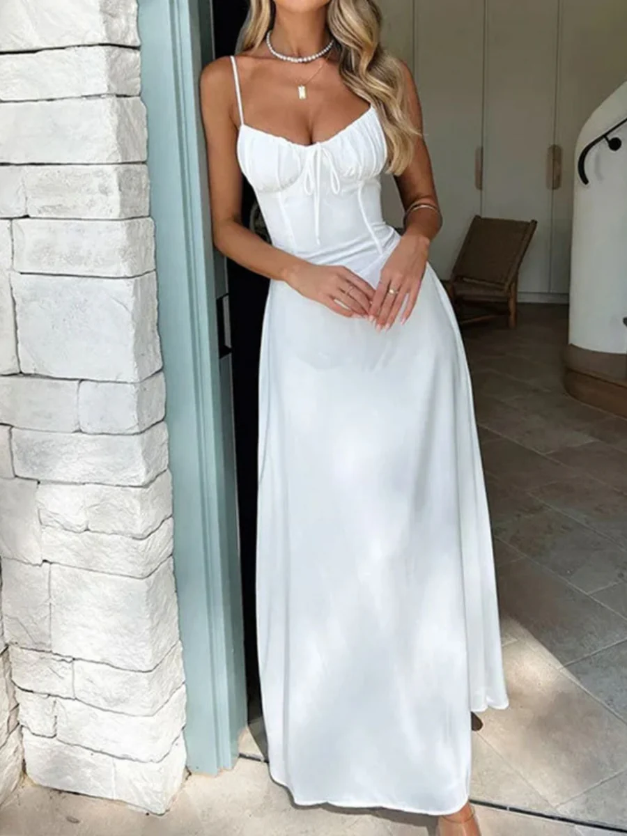 Solid Color Lace Up Waist Temperament Maxi Dresses - Image 4