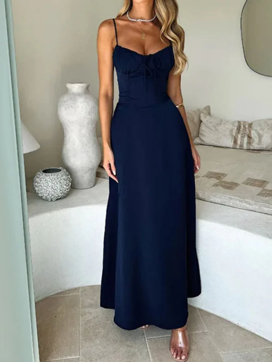 Solid Color Lace Up Waist Temperament Maxi Dresses - Image 6