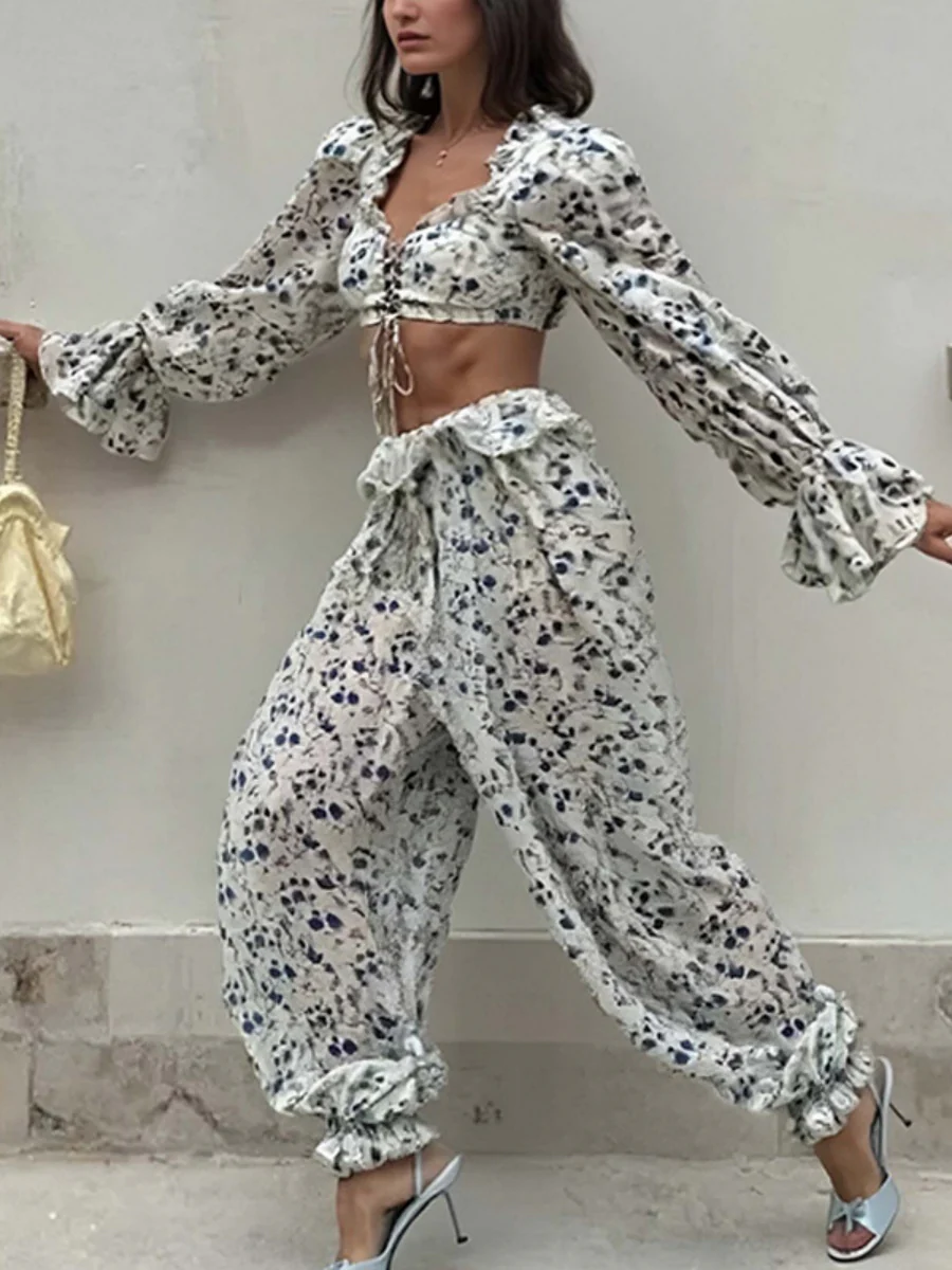 Cropped Top Bandage Long Sleeve Knitted Pants Pants Floral Set 2-piece Sets - Image 2