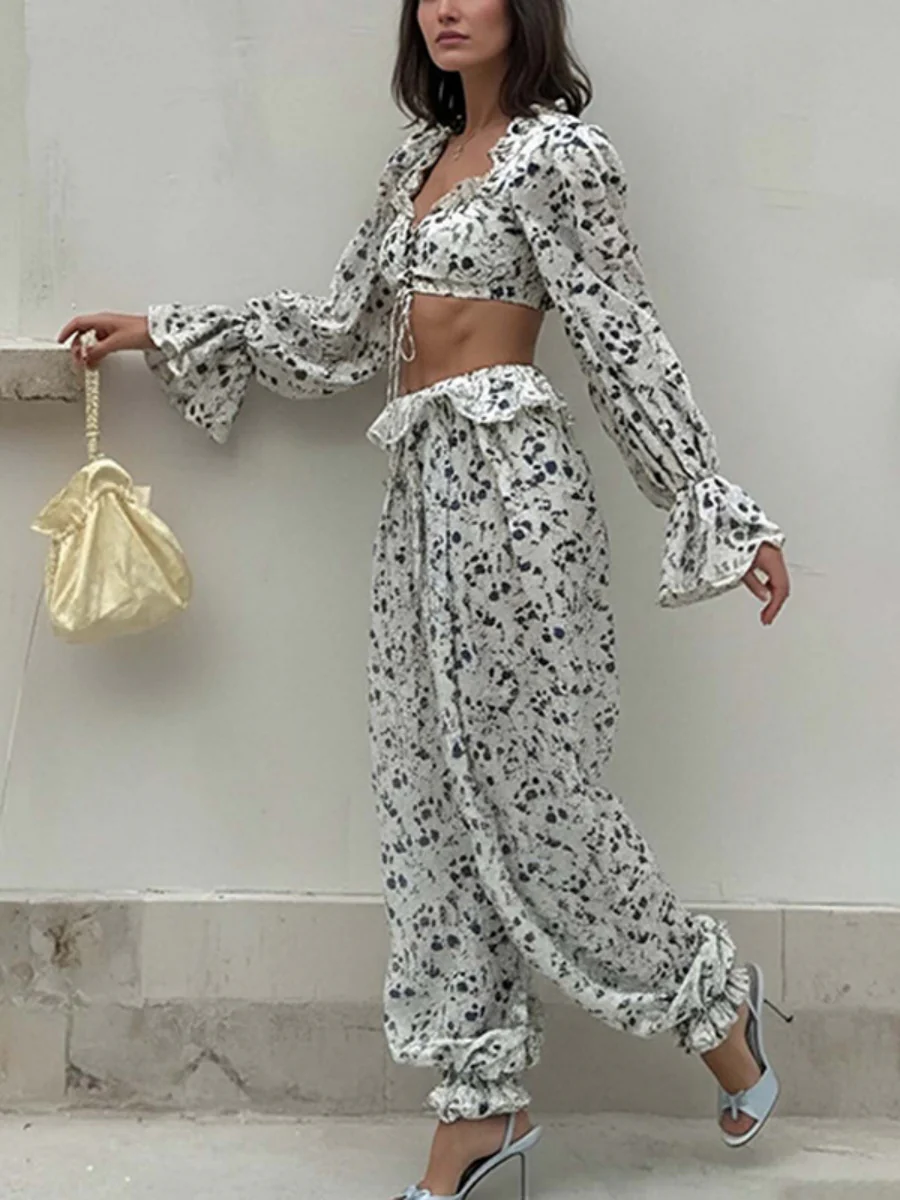 Cropped Top Bandage Long Sleeve Knitted Pants Pants Floral Set 2-piece Sets - Image 3