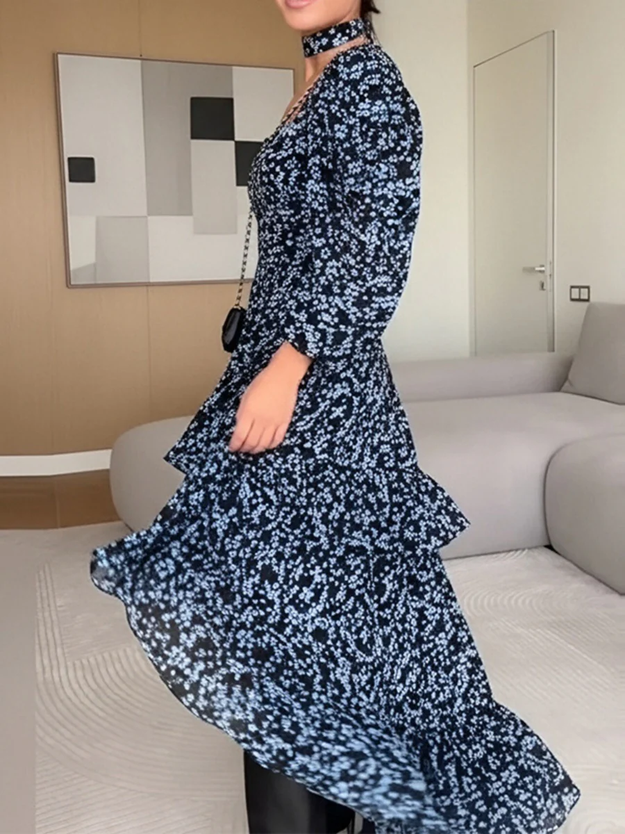 Gathering Floral Print Irregular Hem Temperament Maxi Dresses - Image 10