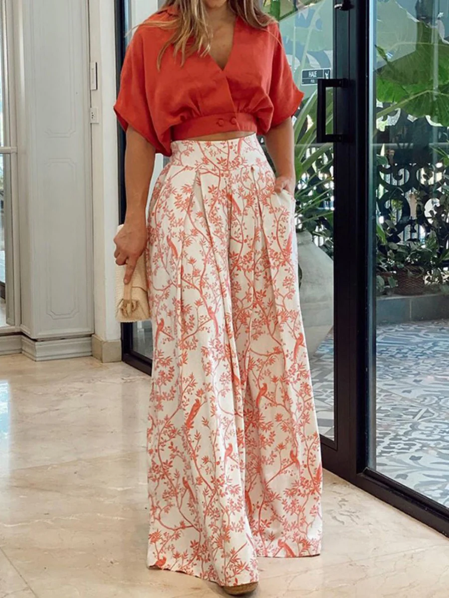 Plant-based Printing Loose Top Wide-leg Pants Set 2-piece Sets - Image 2