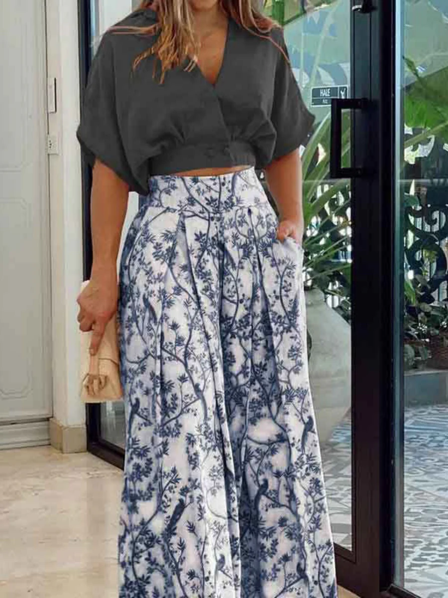 Plant-based Printing Loose Top Wide-leg Pants Set 2-piece Sets - Image 3