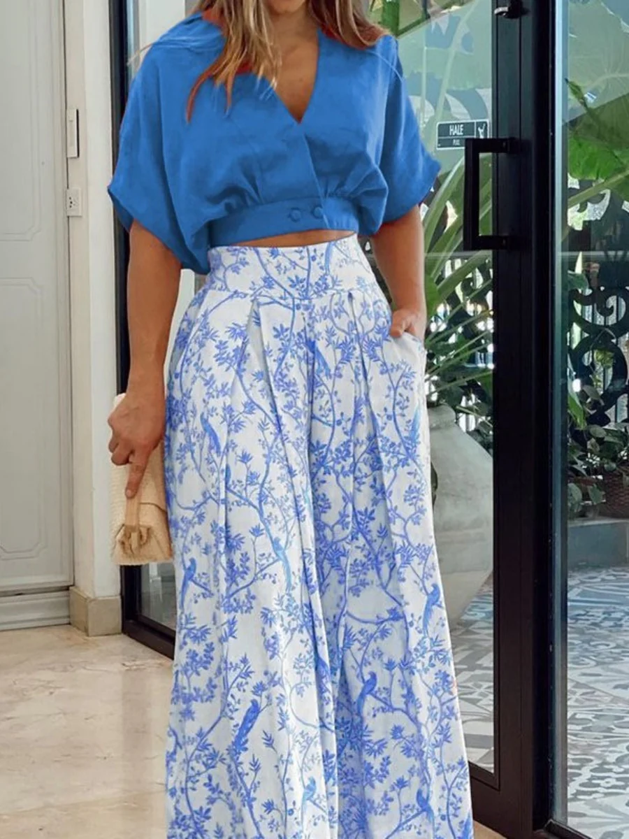Plant-based Printing Loose Top Wide-leg Pants Set 2-piece Sets - Image 4
