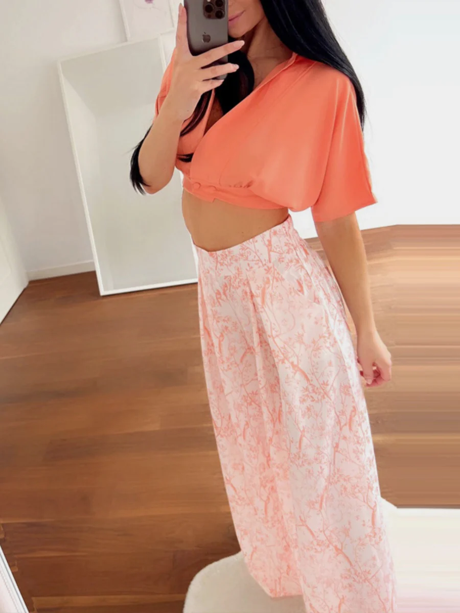 Plant-based Printing Loose Top Wide-leg Pants Set 2-piece Sets - Image 5