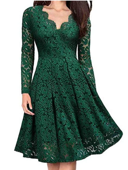 Long Sleeve Lace Solid Color Midi Dresses - Image 4
