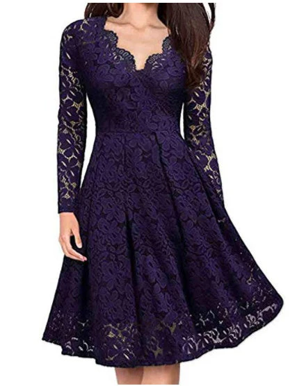 Long Sleeve Lace Solid Color Midi Dresses - Image 5