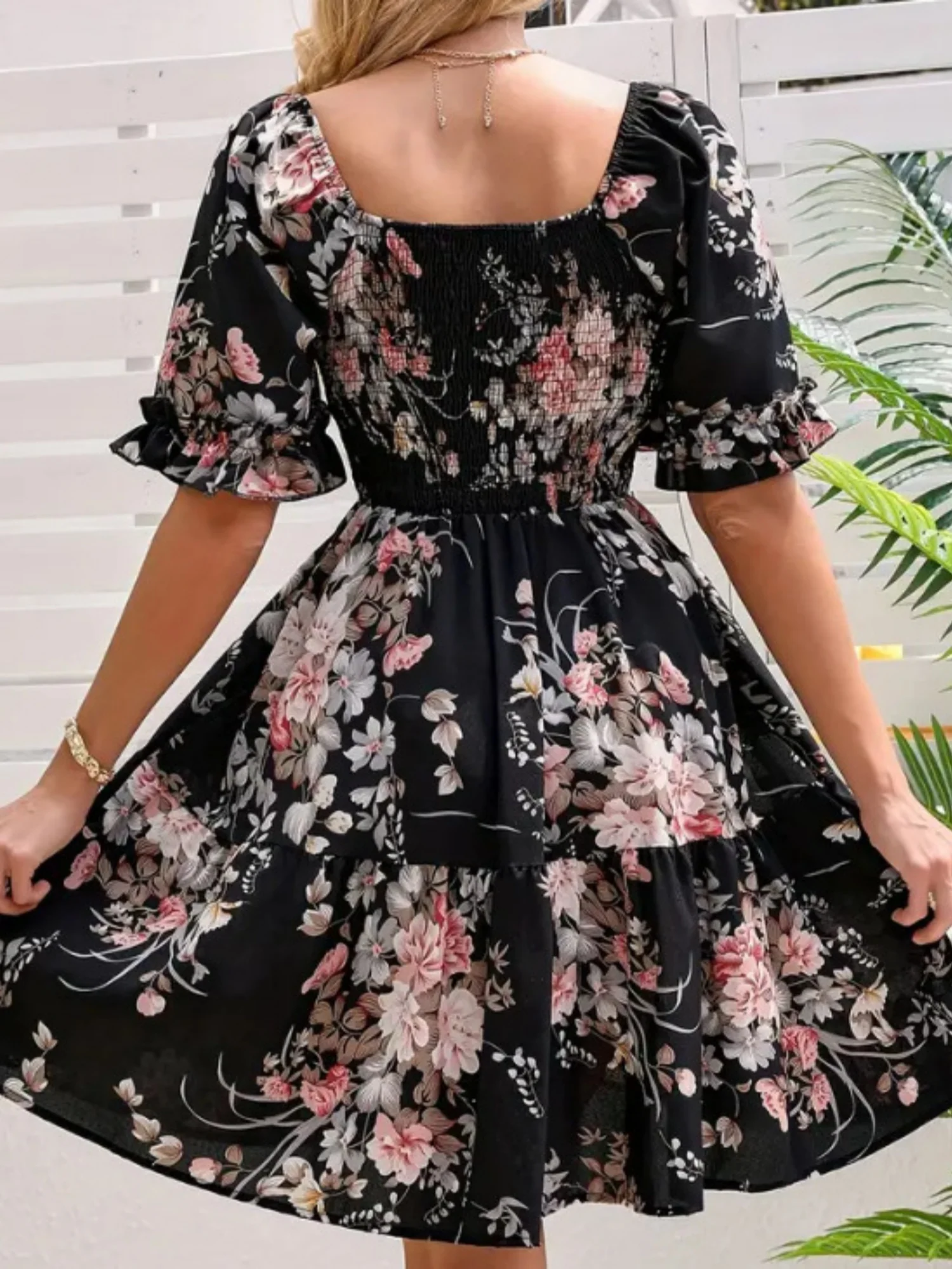 Printed Pleated Square Neck Short Sleeve Mini&Short Dresses - Image 10