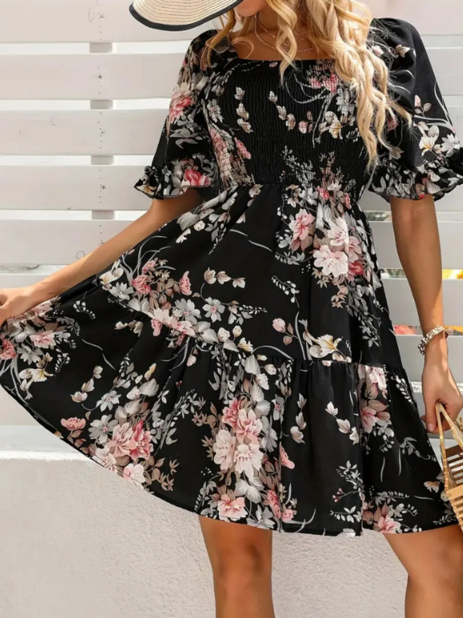 Printed Pleated Square Neck Short Sleeve Mini&Short Dresses - Image 11