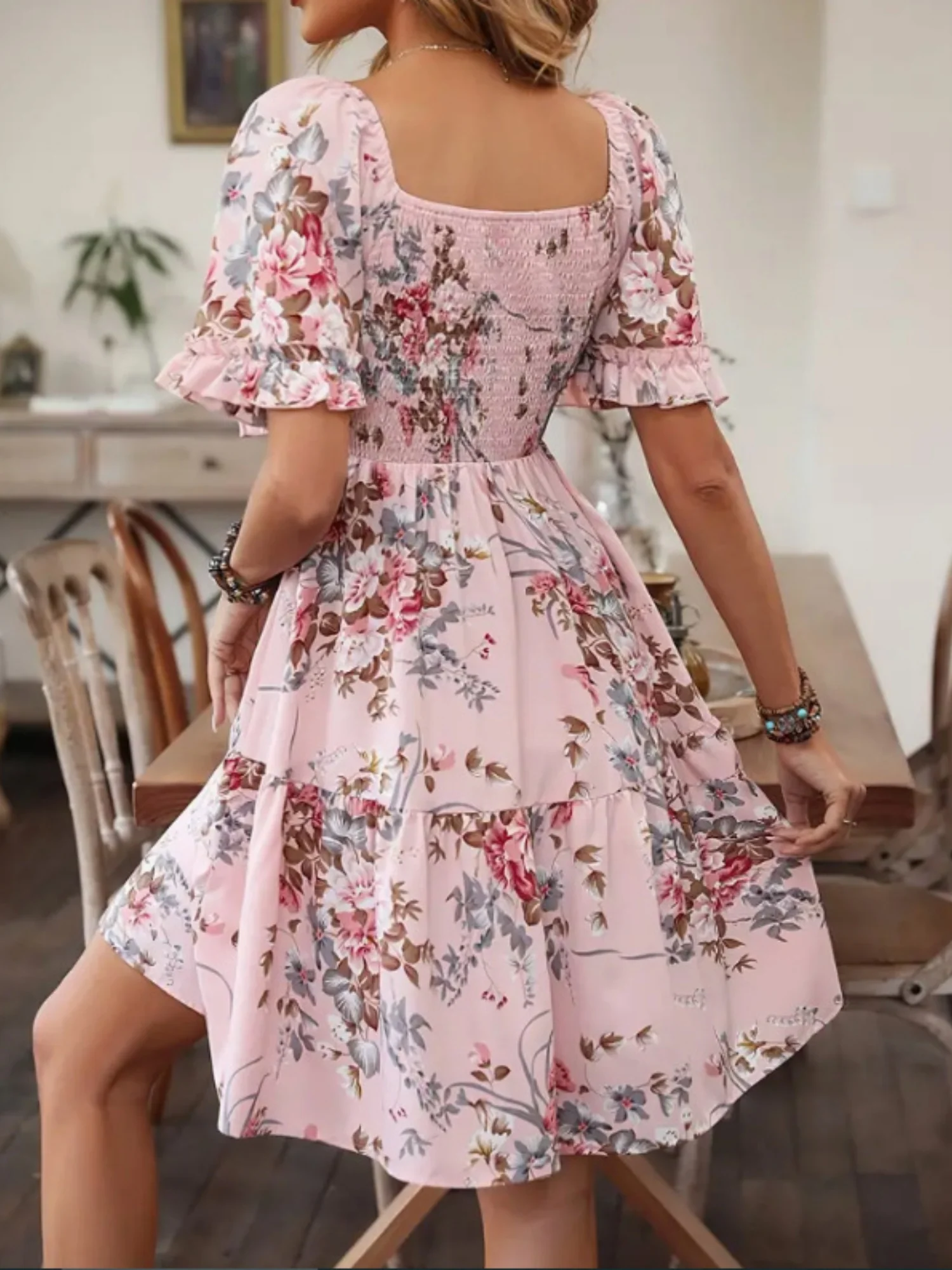 Printed Pleated Square Neck Short Sleeve Mini&Short Dresses - Image 2