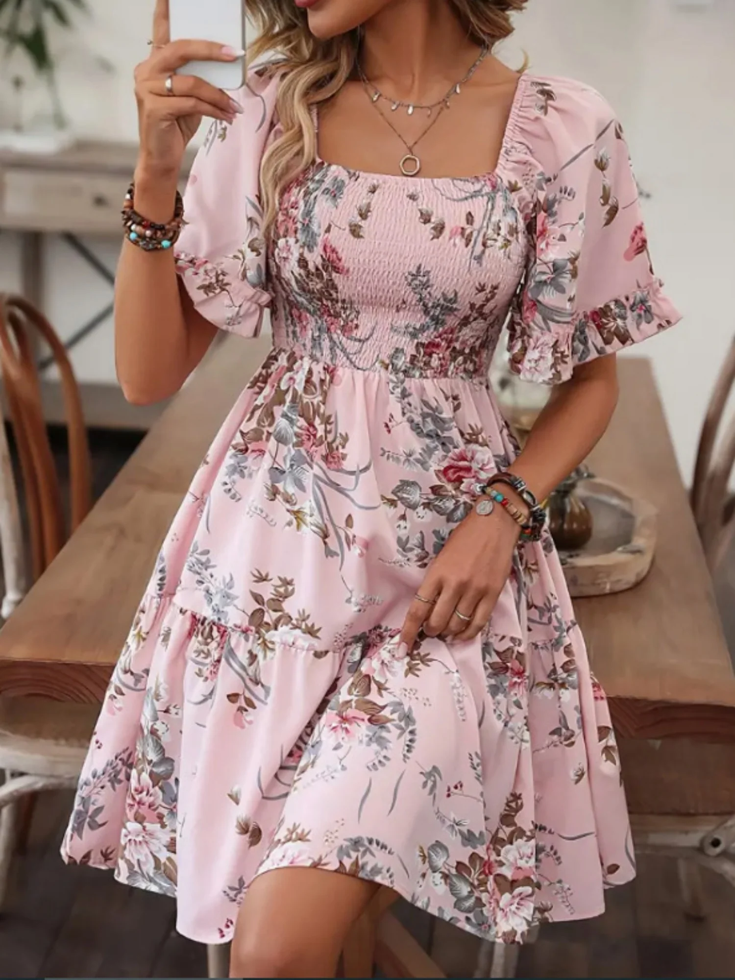 Printed Pleated Square Neck Short Sleeve Mini&Short Dresses - Image 3