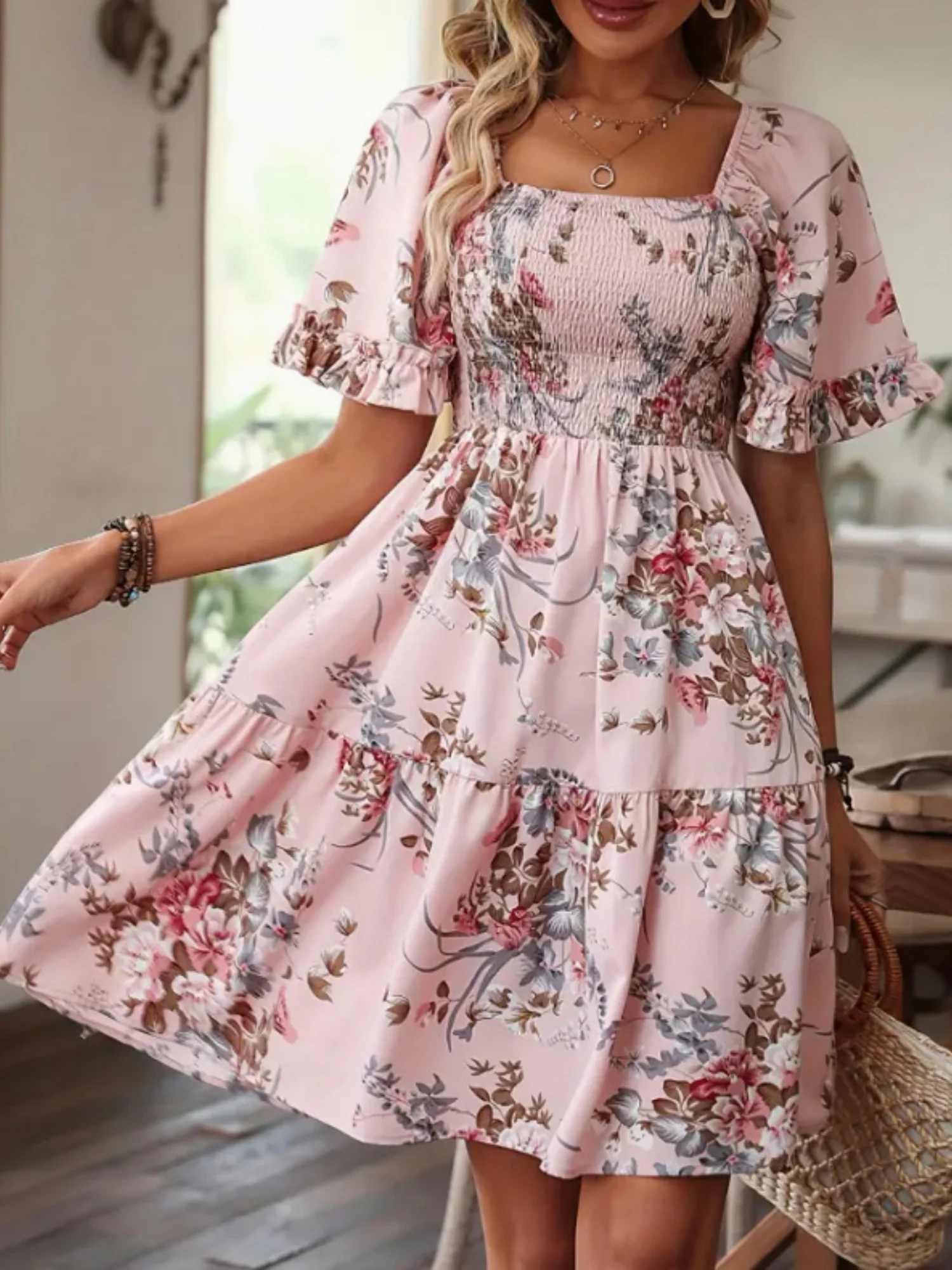 Printed Pleated Square Neck Short Sleeve Mini&Short Dresses - Image 4