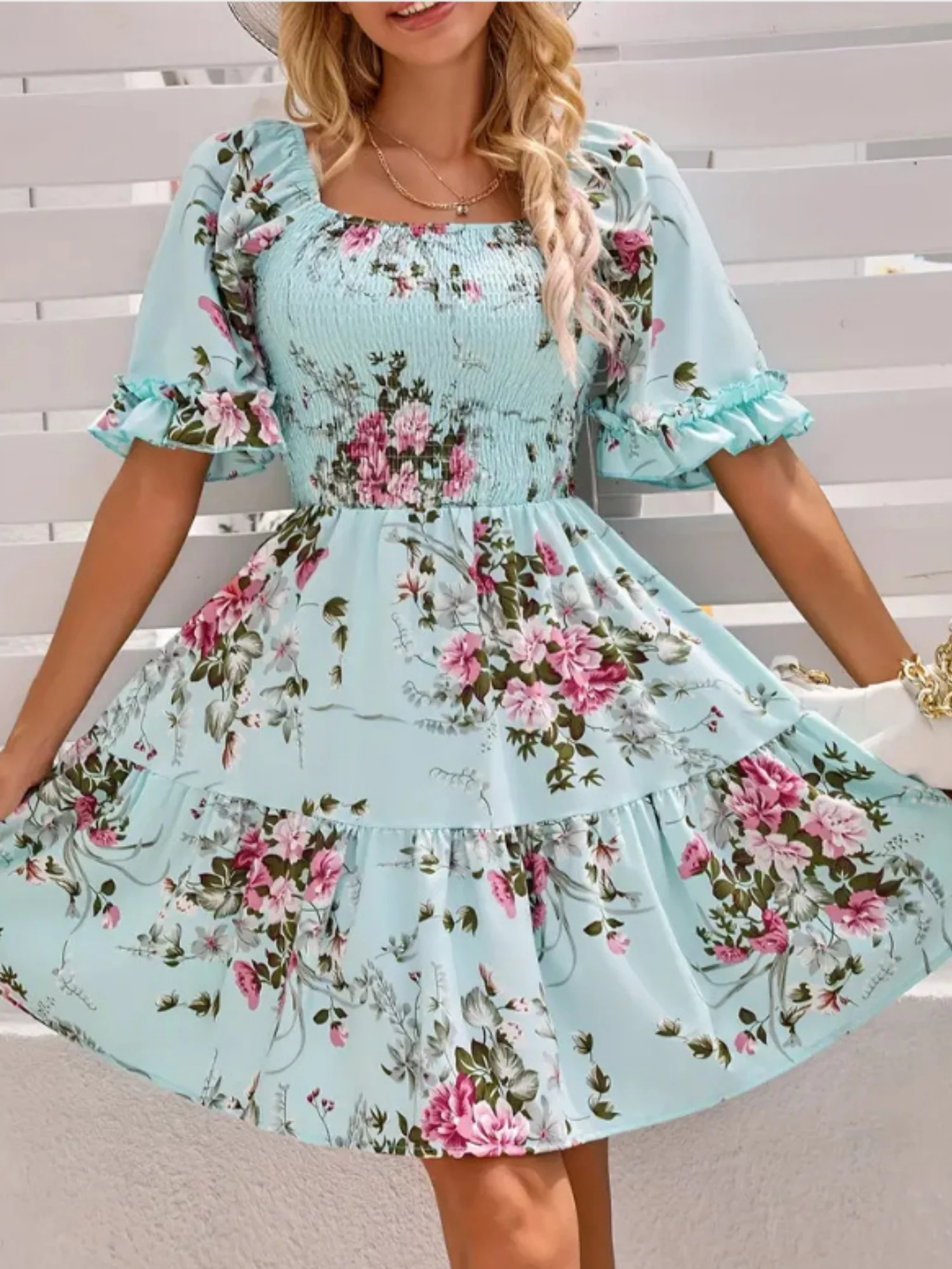Printed Pleated Square Neck Short Sleeve Mini&Short Dresses - Image 6