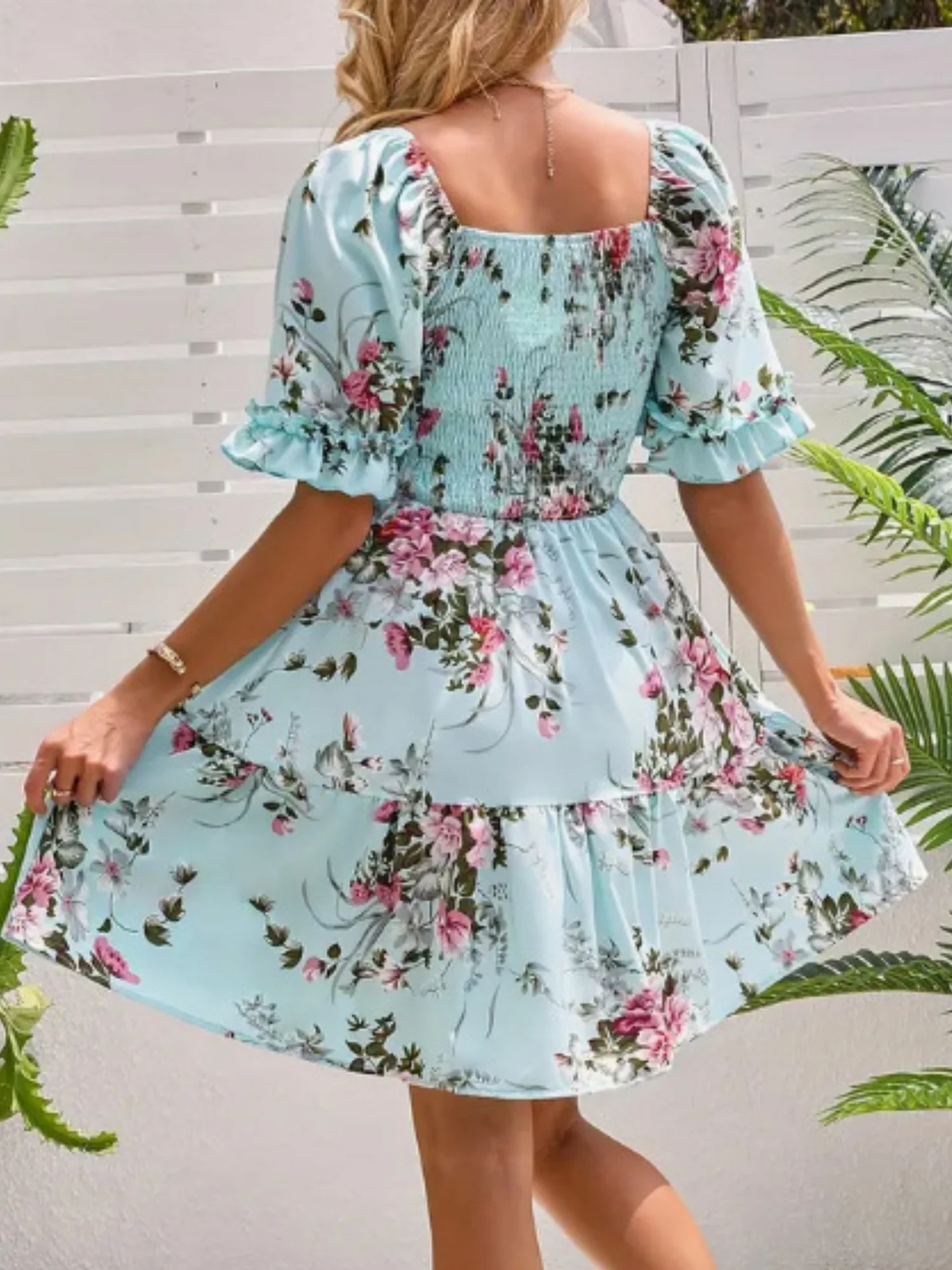 Printed Pleated Square Neck Short Sleeve Mini&Short Dresses - Image 7