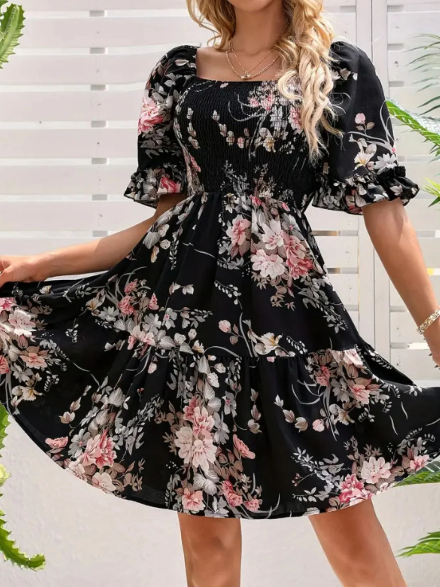 Printed Pleated Square Neck Short Sleeve Mini&Short Dresses - Image 9