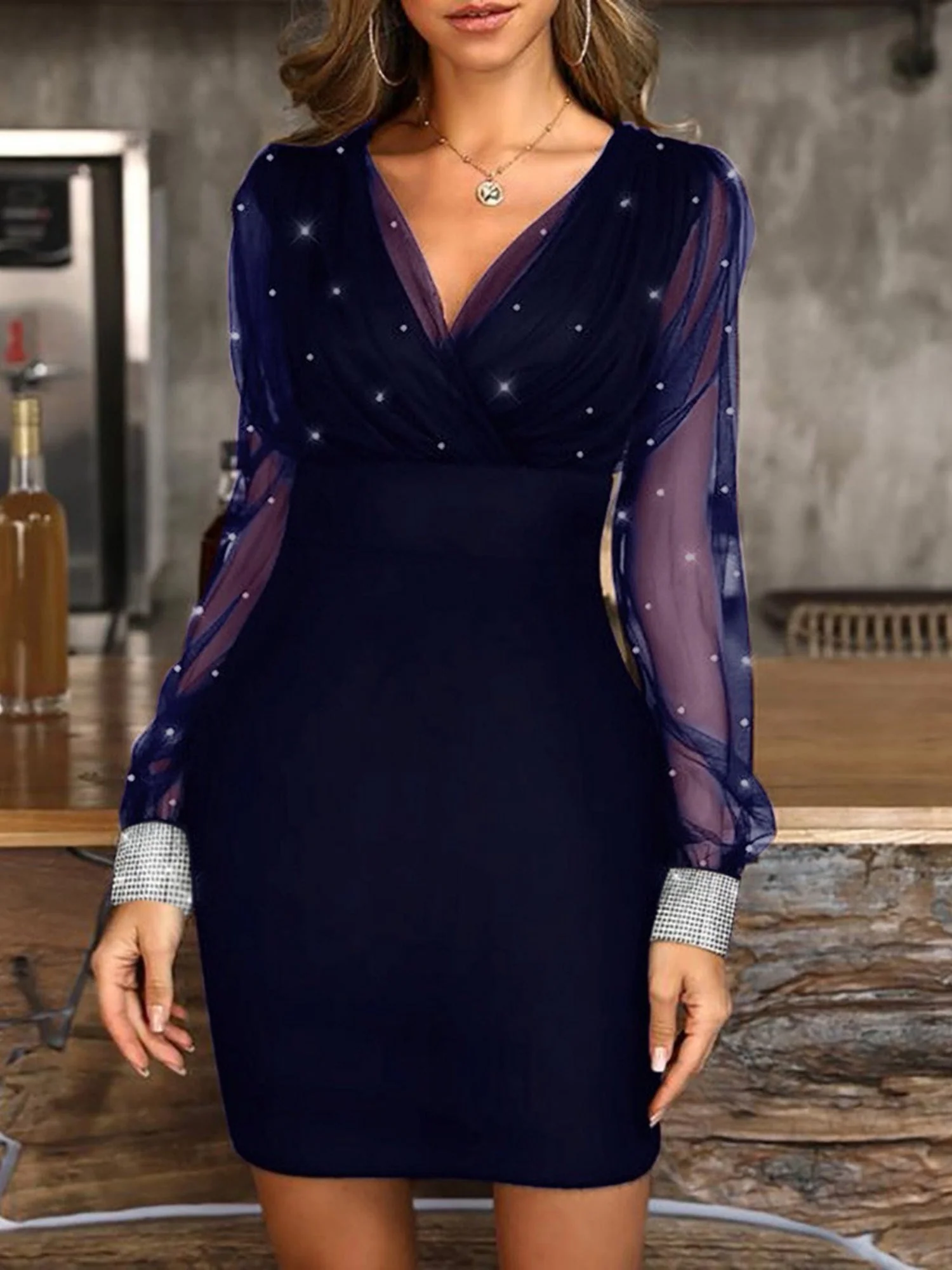 Mesh Splicing Sequined Cuffs V-neck Waist Shaping Mini&Short Dresses - Image 2