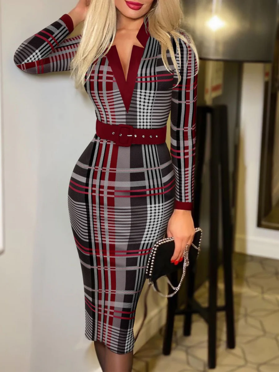 V-neck Hip-hugging Belts Plaid Midi Dresses - Image 15