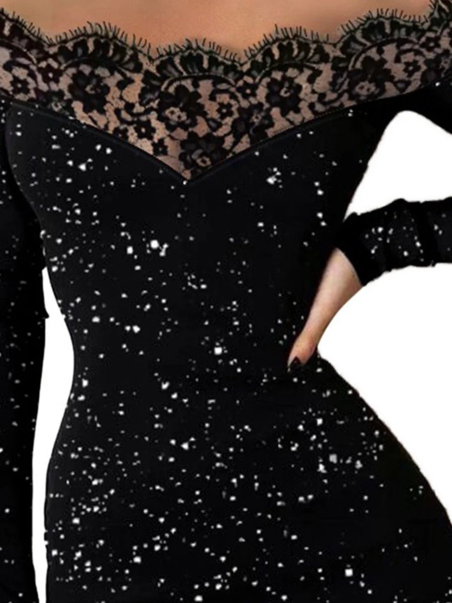 Off-the-shoulder Lace Splicing Sexy Silver-stamped Off-shoulder Bodycon Black Evening Mini Dress - Image 4