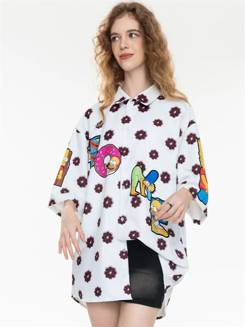 Black And White Color-blocked Cartoon Loose Collar Shirt - Image 3