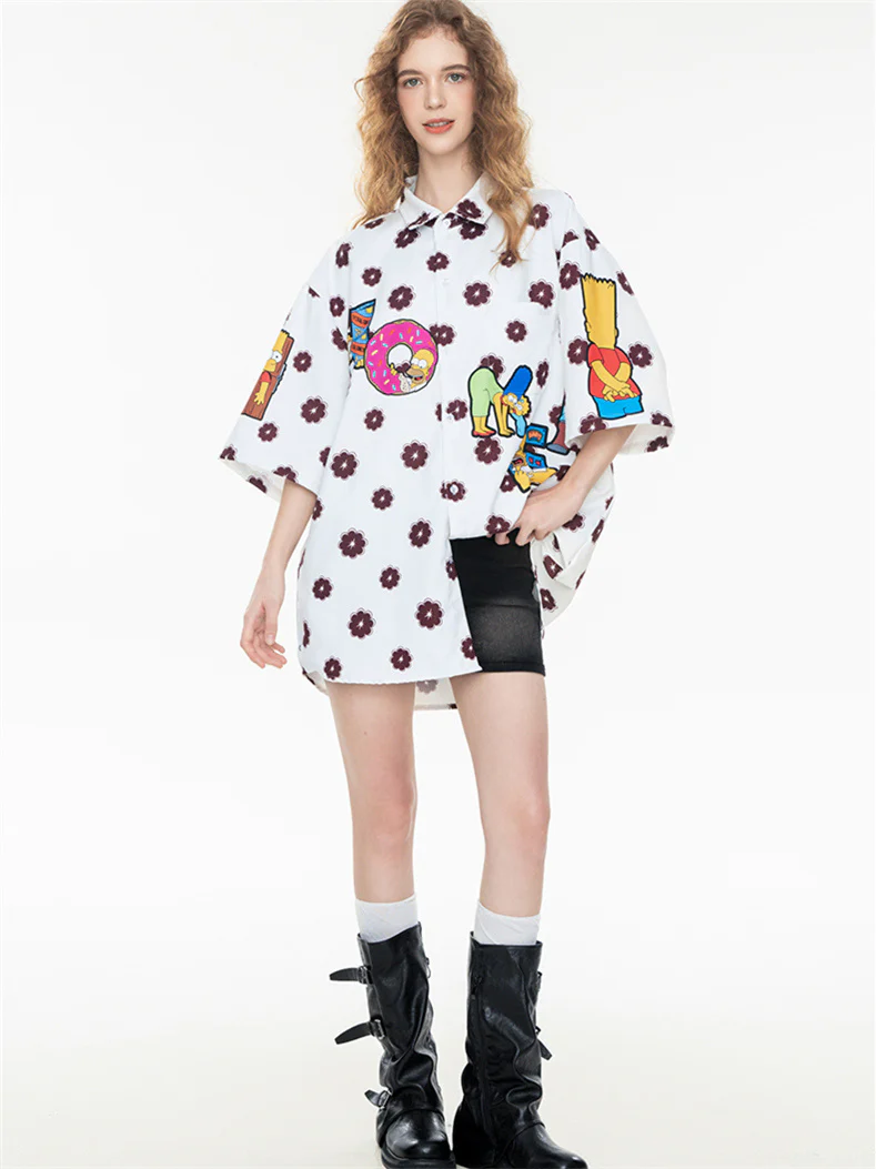 Black And White Color-blocked Cartoon Loose Collar Shirt - Image 4