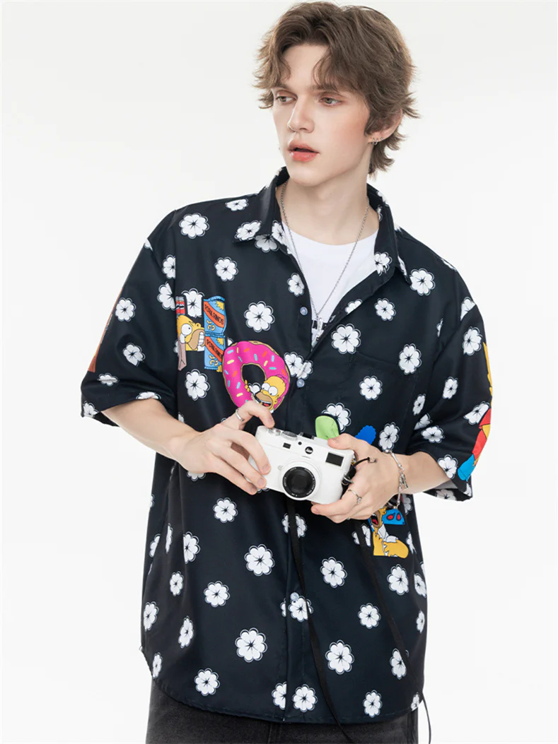 Black And White Color-blocked Cartoon Loose Collar Shirt - Image 7