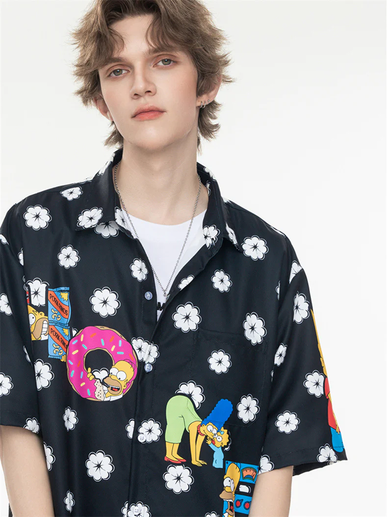 Black And White Color-blocked Cartoon Loose Collar Shirt - Image 9