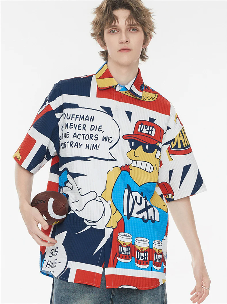 American Retro Cartoon Color-blocked Collared Shirt