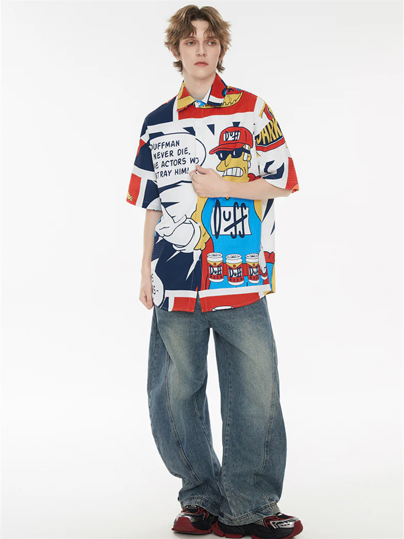 American Retro Cartoon Color-blocked Collared Shirt - Image 3