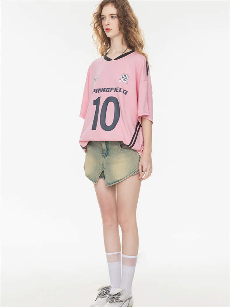 Sweet And Cool Girl Loose V-neck Sports Jersey T-shirt - Image 18