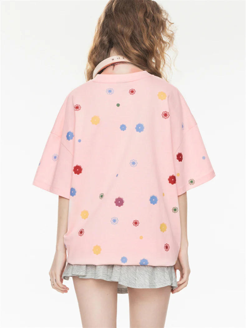 All-over Floral Print Loose-fitting Short-sleeved T-shirt For Couples - Image 13