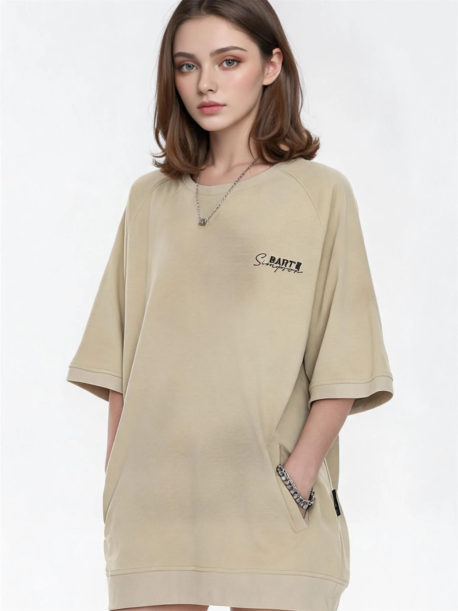 Raglan Sleeve Small Letter Loose Three-quarter Sleeve T-shirt - Image 2