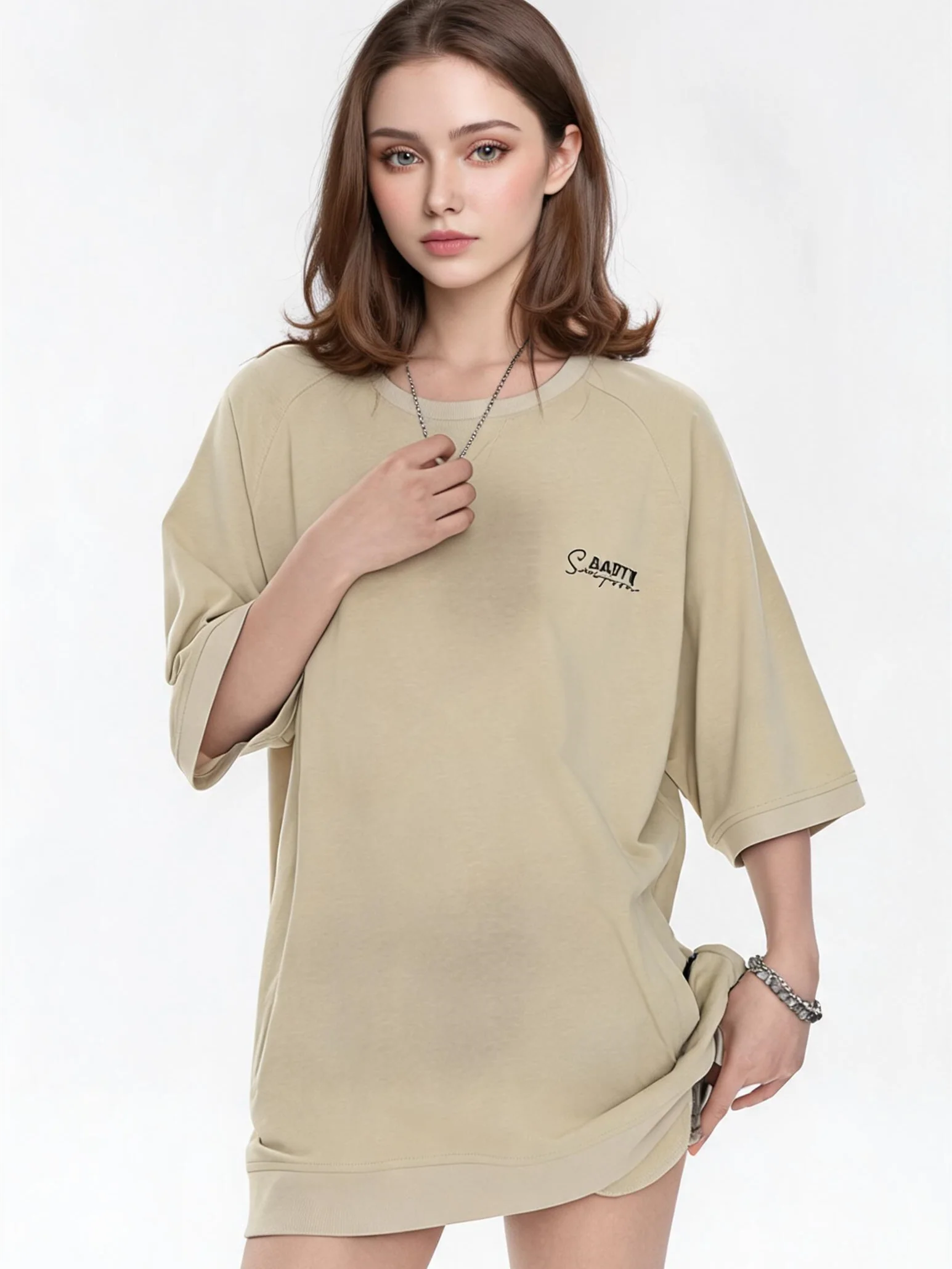 Raglan Sleeve Small Letter Loose Three-quarter Sleeve T-shirt - Image 4