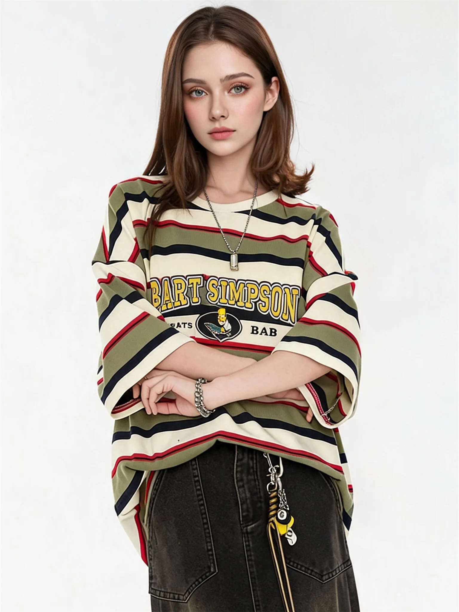 The Simpsons Cartoon Striped Loose Short-sleeved T-shirt - Image 7
