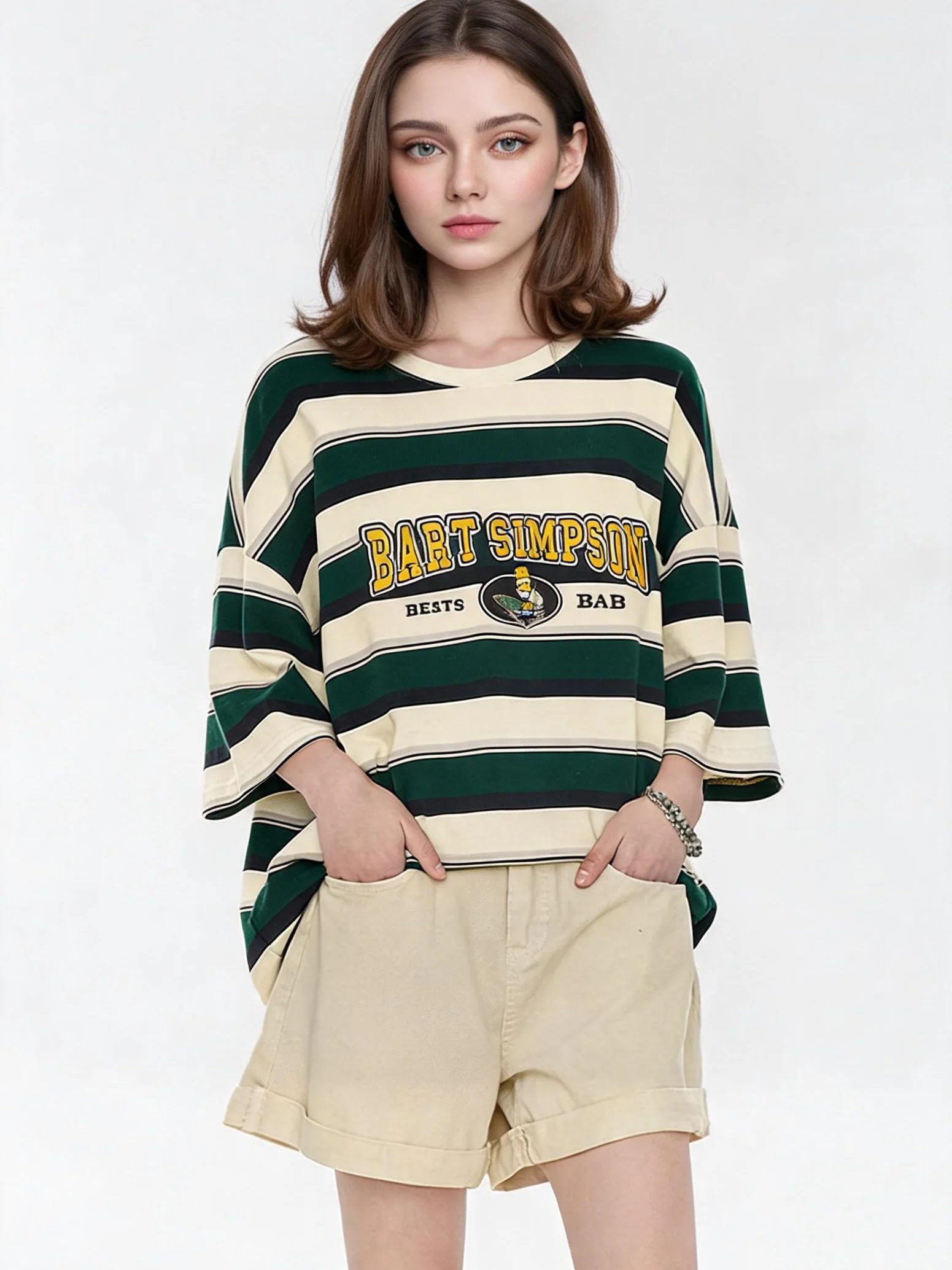 The Simpsons Cartoon Striped Loose Short-sleeved T-shirt - Image 9