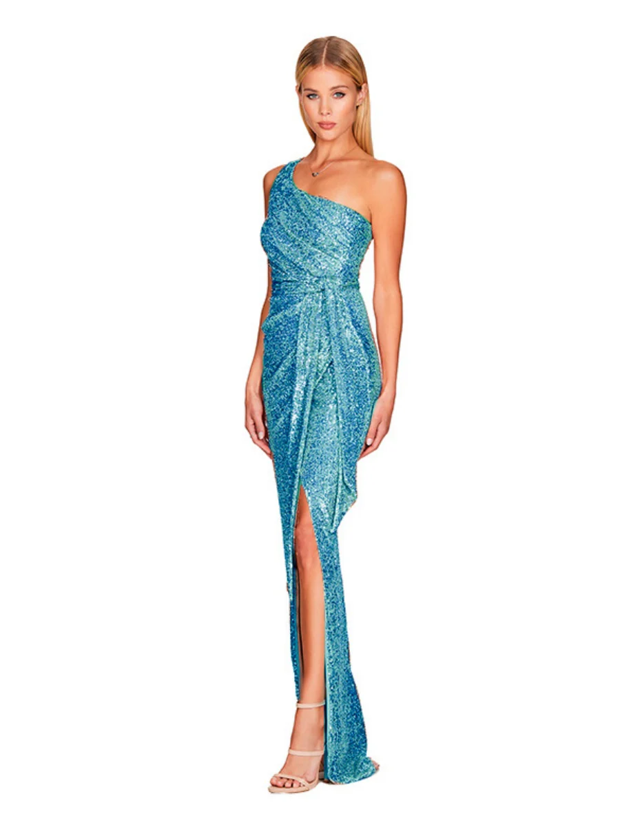 One-shoulder Tie-up Pleated Sweet And Spicy Sequined Dress - Image 27